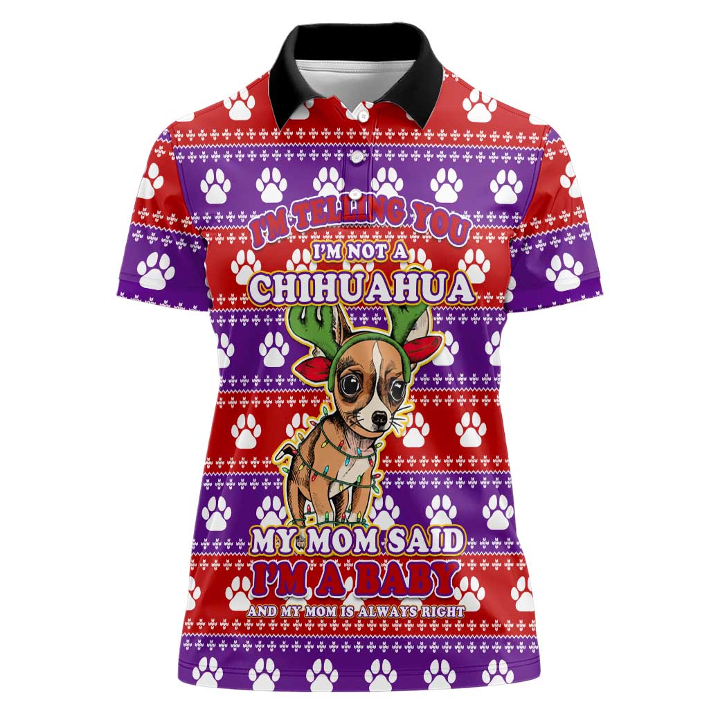 Chihuahua Christmas Women Polo Shirt with I’m Not a Chihuahua I’m a Baby Quote and Red Purple Christmas Pattern - Wonder Print Shop