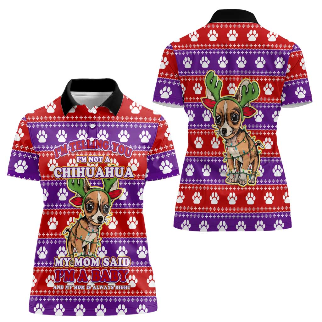 Chihuahua Christmas Women Polo Shirt with I’m Not a Chihuahua I’m a Baby Quote and Red Purple Christmas Pattern - Wonder Print Shop