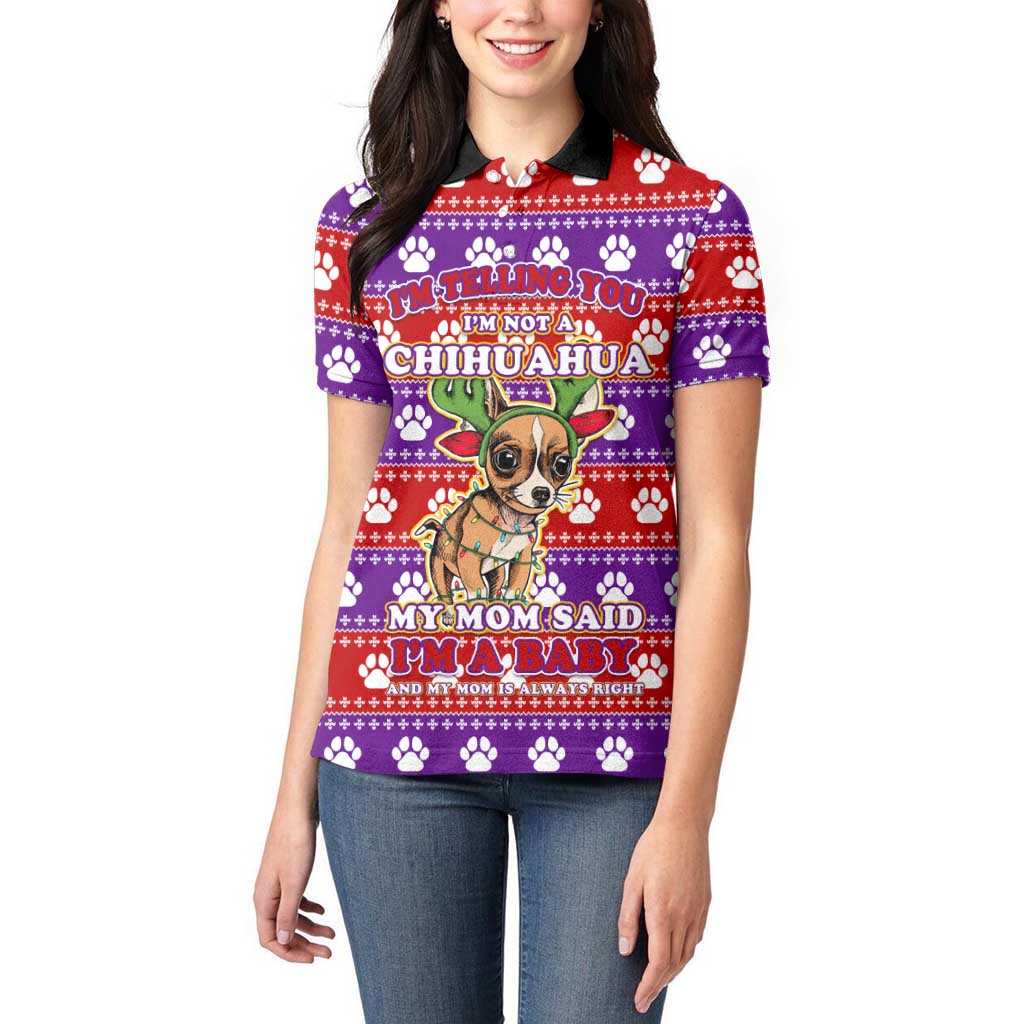 Chihuahua Christmas Women Polo Shirt with I’m Not a Chihuahua I’m a Baby Quote and Red Purple Christmas Pattern - Wonder Print Shop
