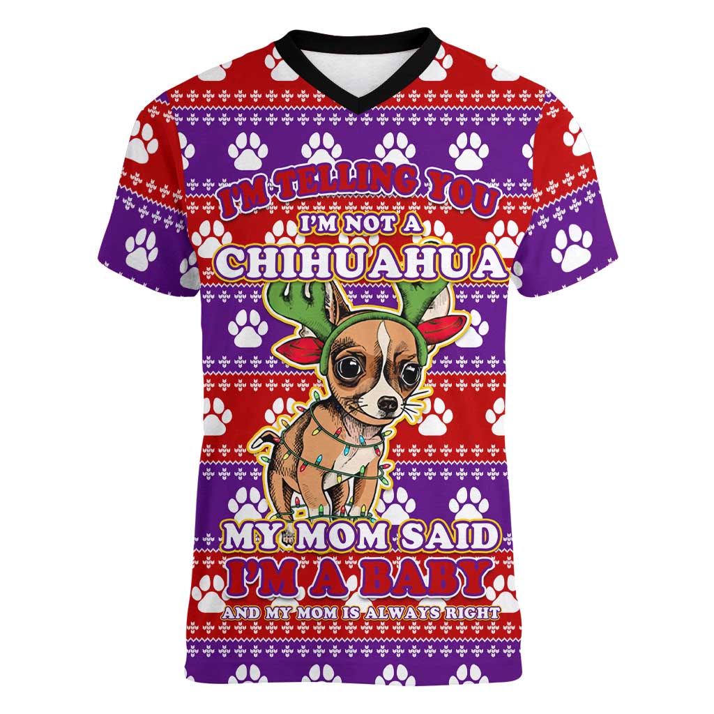 Chihuahua Christmas Women V-Neck T-Shirt with I’m Not a Chihuahua I’m a Baby Quote and Red Purple Christmas Pattern - Wonder Print Shop