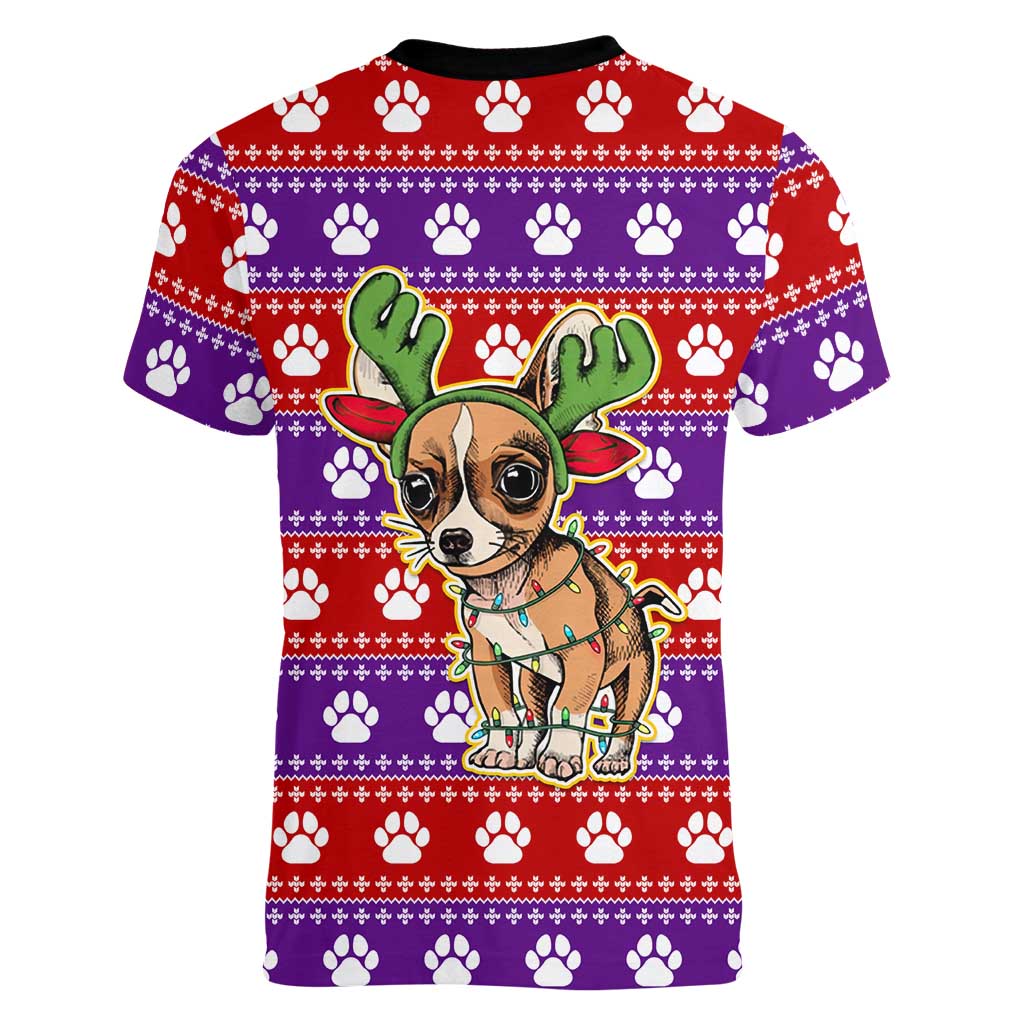 Chihuahua Christmas Women V-Neck T-Shirt with I’m Not a Chihuahua I’m a Baby Quote and Red Purple Christmas Pattern - Wonder Print Shop
