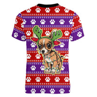 Chihuahua Christmas Women V-Neck T-Shirt with I’m Not a Chihuahua I’m a Baby Quote and Red Purple Christmas Pattern - Wonder Print Shop