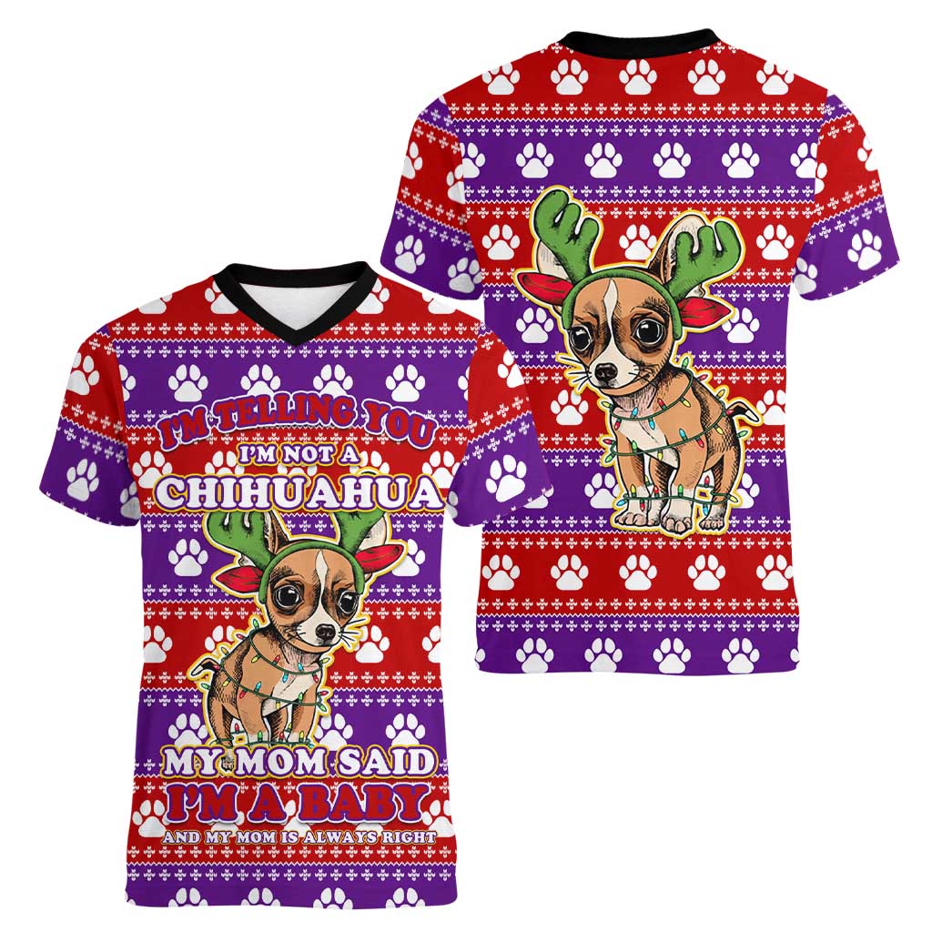 Chihuahua Christmas Women V-Neck T-Shirt with I’m Not a Chihuahua I’m a Baby Quote and Red Purple Christmas Pattern - Wonder Print Shop