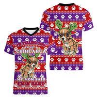 Chihuahua Christmas Women V-Neck T-Shirt with I’m Not a Chihuahua I’m a Baby Quote and Red Purple Christmas Pattern - Wonder Print Shop