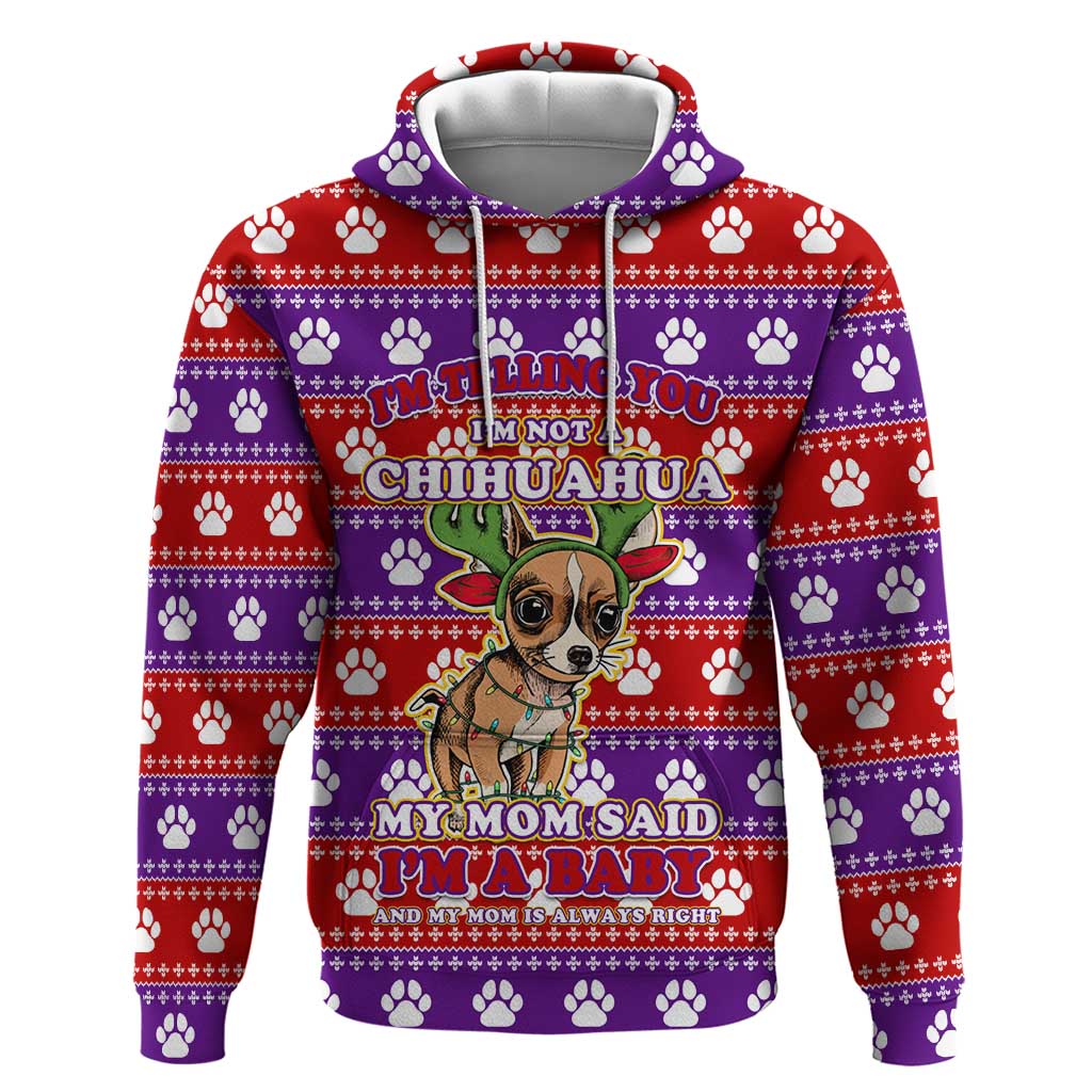 Chihuahua Christmas Zip Hoodie with I’m Not a Chihuahua I’m a Baby Quote and Red Purple Christmas Pattern - Wonder Print Shop