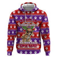 Chihuahua Christmas Zip Hoodie with I’m Not a Chihuahua I’m a Baby Quote and Red Purple Christmas Pattern - Wonder Print Shop