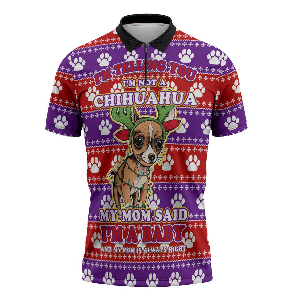 Chihuahua Christmas Zipper Polo Shirt with I’m Not a Chihuahua I’m a Baby Quote and Red Purple Christmas Pattern - Wonder Print Shop