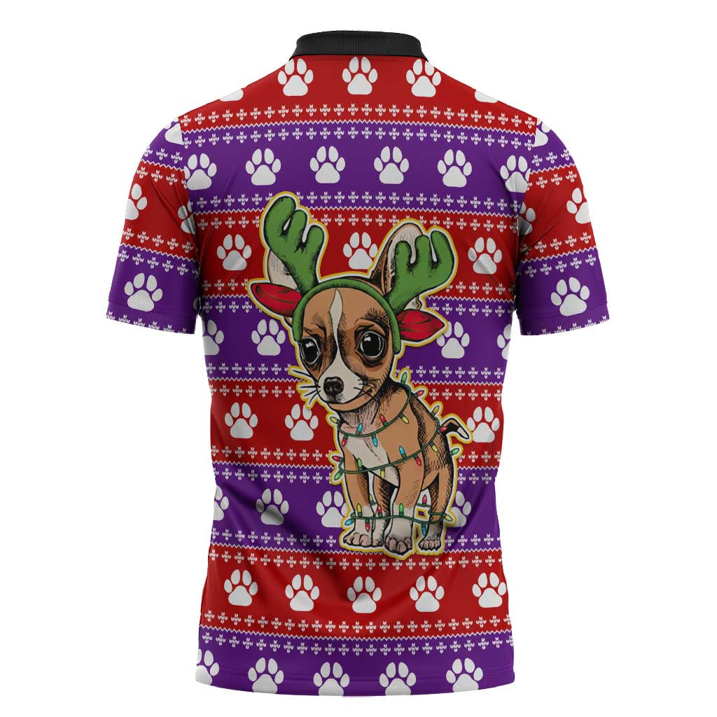 Chihuahua Christmas Zipper Polo Shirt with I’m Not a Chihuahua I’m a Baby Quote and Red Purple Christmas Pattern - Wonder Print Shop
