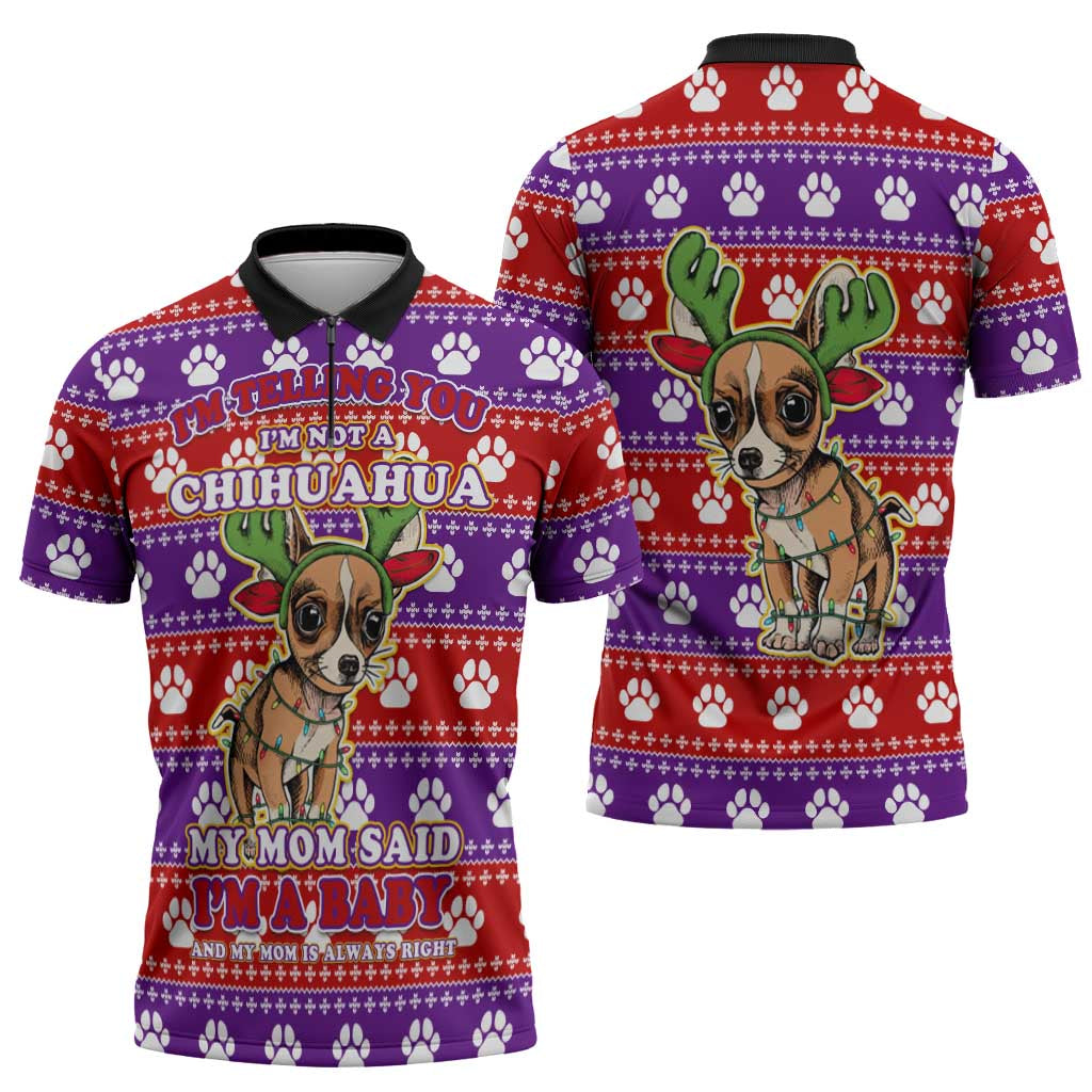 Chihuahua Christmas Zipper Polo Shirt with I’m Not a Chihuahua I’m a Baby Quote and Red Purple Christmas Pattern - Wonder Print Shop
