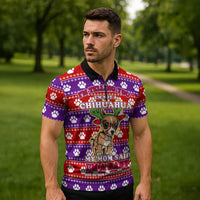 Chihuahua Christmas Zipper Polo Shirt with I’m Not a Chihuahua I’m a Baby Quote and Red Purple Christmas Pattern - Wonder Print Shop