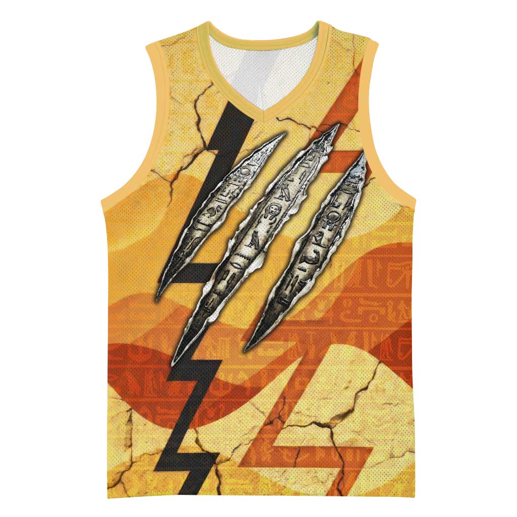 Pakhet Lion Head Basketball Jersey with Claw Marks in Fiery Ancient Egyptian Motif