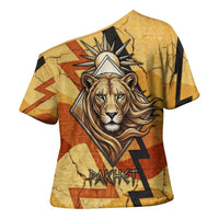 Pakhet Lion Head Cross Shoulder Shirt with Claw Marks in Fiery Ancient Egyptian Motif