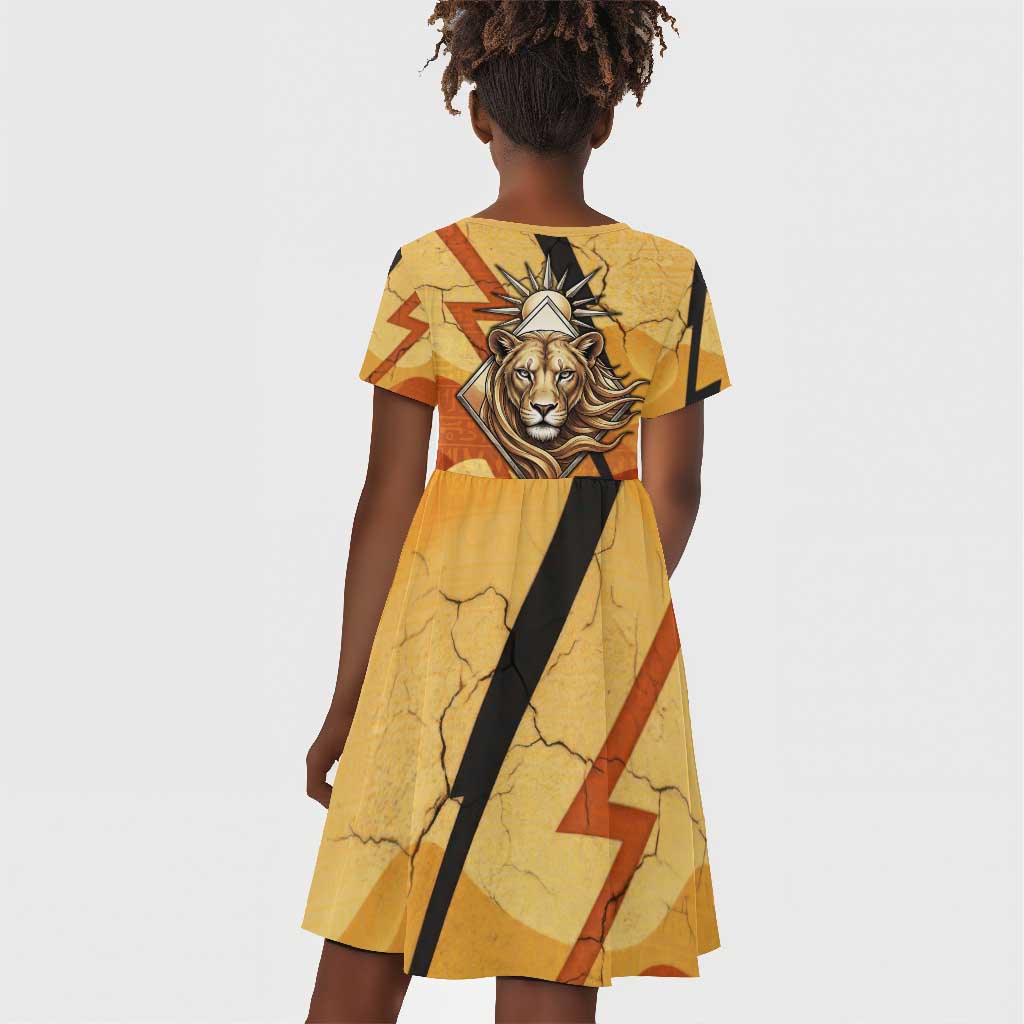 Pakhet Lion Head Kid Short Sleeve Dress with Claw Marks in Fiery Ancient Egyptian Motif