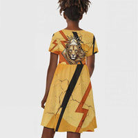 Pakhet Lion Head Kid Short Sleeve Dress with Claw Marks in Fiery Ancient Egyptian Motif