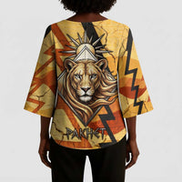 Pakhet Lion Head Kimono Sleeve Blouse with Claw Marks in Fiery Ancient Egyptian Motif