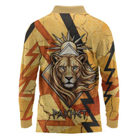 Pakhet Lion Head Long Sleeve Polo Shirt with Claw Marks in Fiery Ancient Egyptian Motif