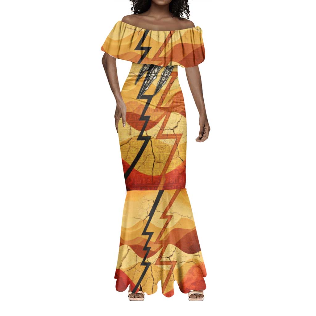 Pakhet Lion Head Mermaid Dress with Claw Marks in Fiery Ancient Egyptian Motif