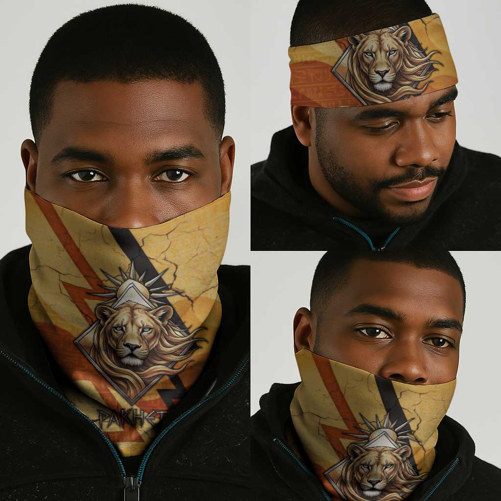 Pakhet Lion Head Neck Gaiter with Claw Marks in Fiery Ancient Egyptian Motif