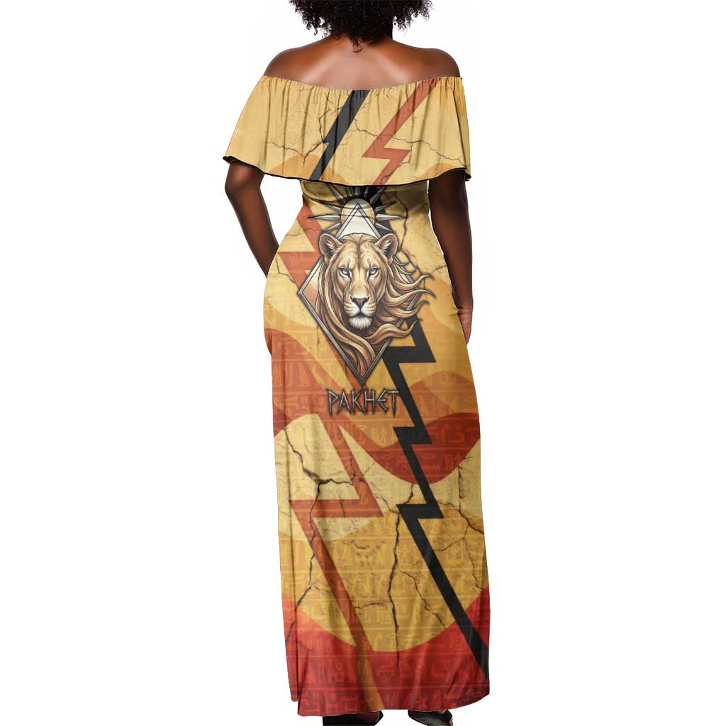 Pakhet Lion Head Off Shoulder Maxi Dress with Claw Marks in Fiery Ancient Egyptian Motif