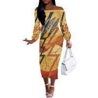 Pakhet Lion Head Off The Shoulder Long Sleeve Dress with Claw Marks in Fiery Ancient Egyptian Motif