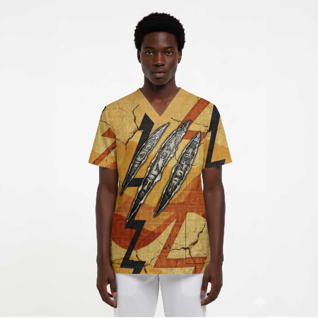 Pakhet Lion Head Scrub Top with Claw Marks in Fiery Ancient Egyptian Motif