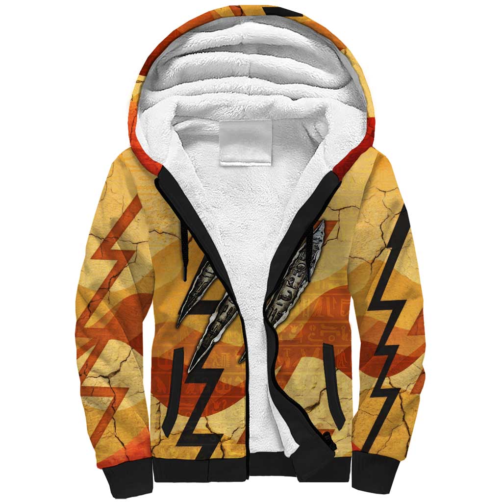 Pakhet Lion Head Sherpa Hoodie with Claw Marks in Fiery Ancient Egyptian Motif