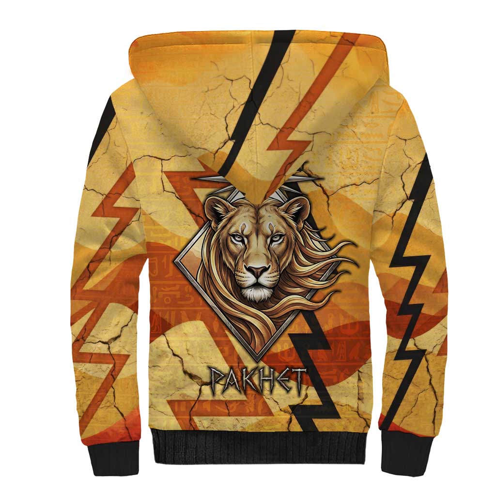 Pakhet Lion Head Sherpa Hoodie with Claw Marks in Fiery Ancient Egyptian Motif
