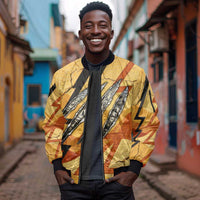 Pakhet Lion Head Sleeve Zip Bomber Jacket with Claw Marks in Fiery Ancient Egyptian Motif