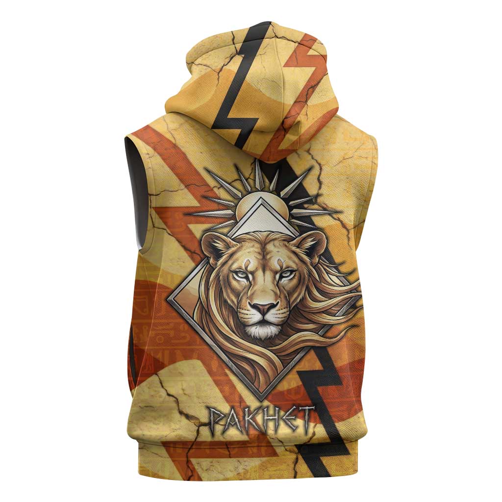 Pakhet Lion Head Sleeveless Zip Hoodie with Claw Marks in Fiery Ancient Egyptian Motif