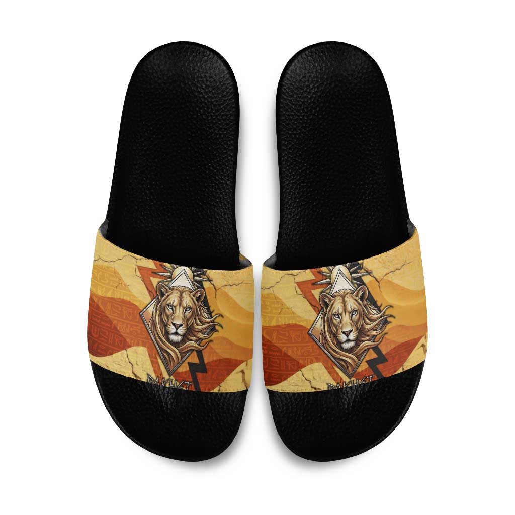 Pakhet Lion Head Slide Sandals with Claw Marks in Fiery Ancient Egyptian Motif