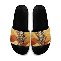 Pakhet Lion Head Slide Sandals with Claw Marks in Fiery Ancient Egyptian Motif