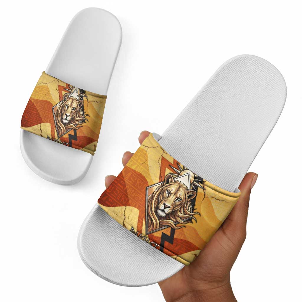 Pakhet Lion Head Slide Sandals with Claw Marks in Fiery Ancient Egyptian Motif