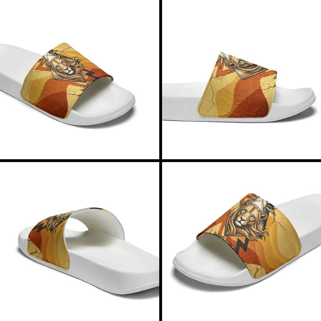 Pakhet Lion Head Slide Sandals with Claw Marks in Fiery Ancient Egyptian Motif