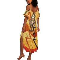 Pakhet Lion Head Summer Maxi Dress with Claw Marks in Fiery Ancient Egyptian Motif