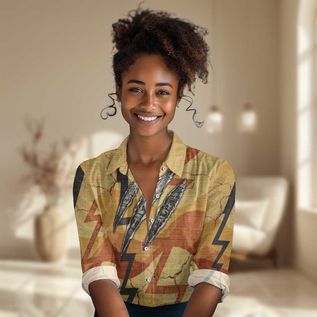 Pakhet Lion Head Women Casual Shirt with Claw Marks in Fiery Ancient Egyptian Motif