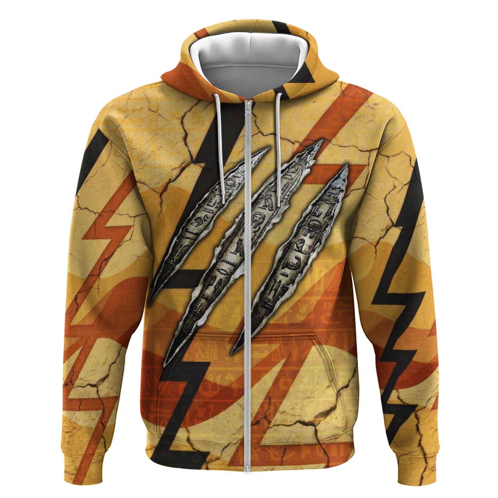 Pakhet Lion Head Zip Hoodie with Claw Marks in Fiery Ancient Egyptian Motif