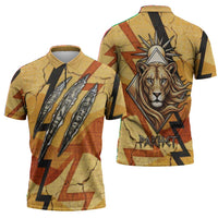 Pakhet Lion Head Zipper Polo Shirt with Claw Marks in Fiery Ancient Egyptian Motif