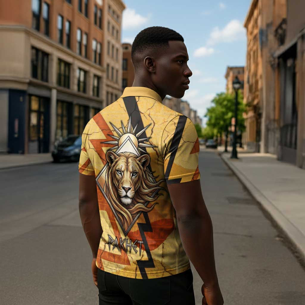 Pakhet Lion Head Zipper Polo Shirt with Claw Marks in Fiery Ancient Egyptian Motif