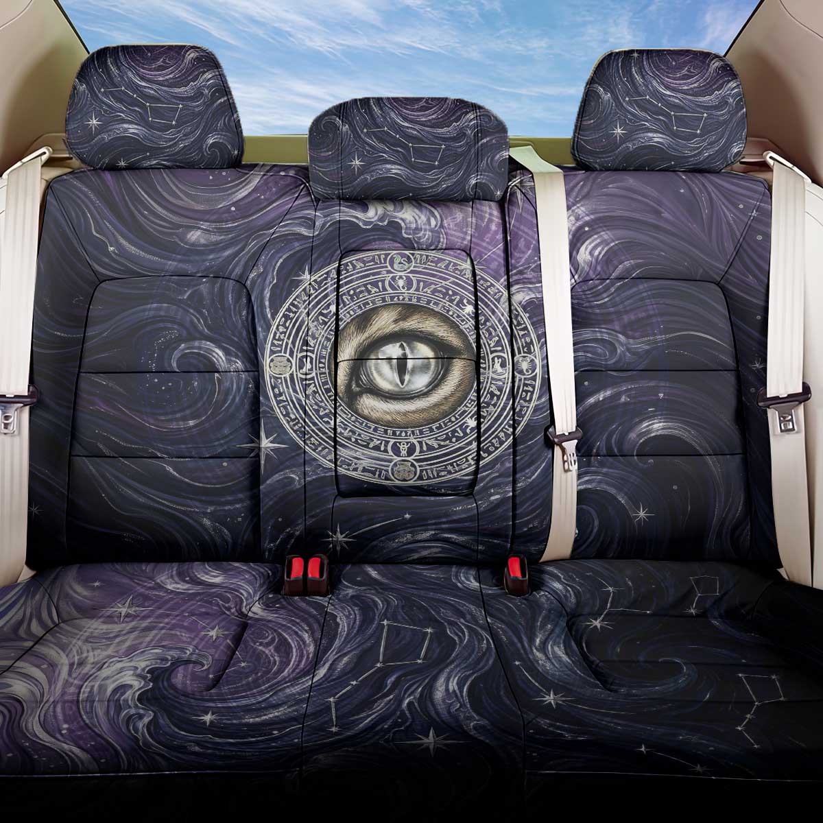 Pakhet Panther Back Car Seat Cover with Cosmic Feline Eye on Starry Night River