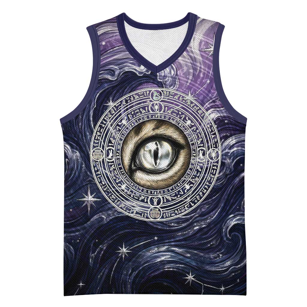 Pakhet Panther Basketball Jersey with Cosmic Feline Eye on Starry Night River