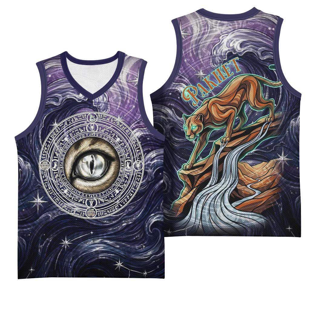 Pakhet Panther Basketball Jersey with Cosmic Feline Eye on Starry Night River