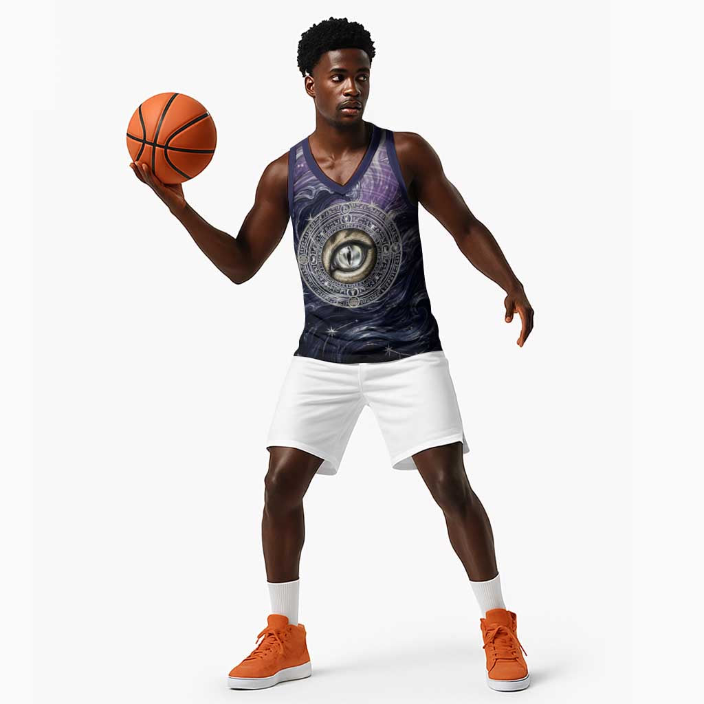 Pakhet Panther Basketball Jersey with Cosmic Feline Eye on Starry Night River