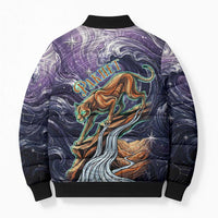 Pakhet Panther Bomber Puffer Jacket with Cosmic Feline Eye on Starry Night River