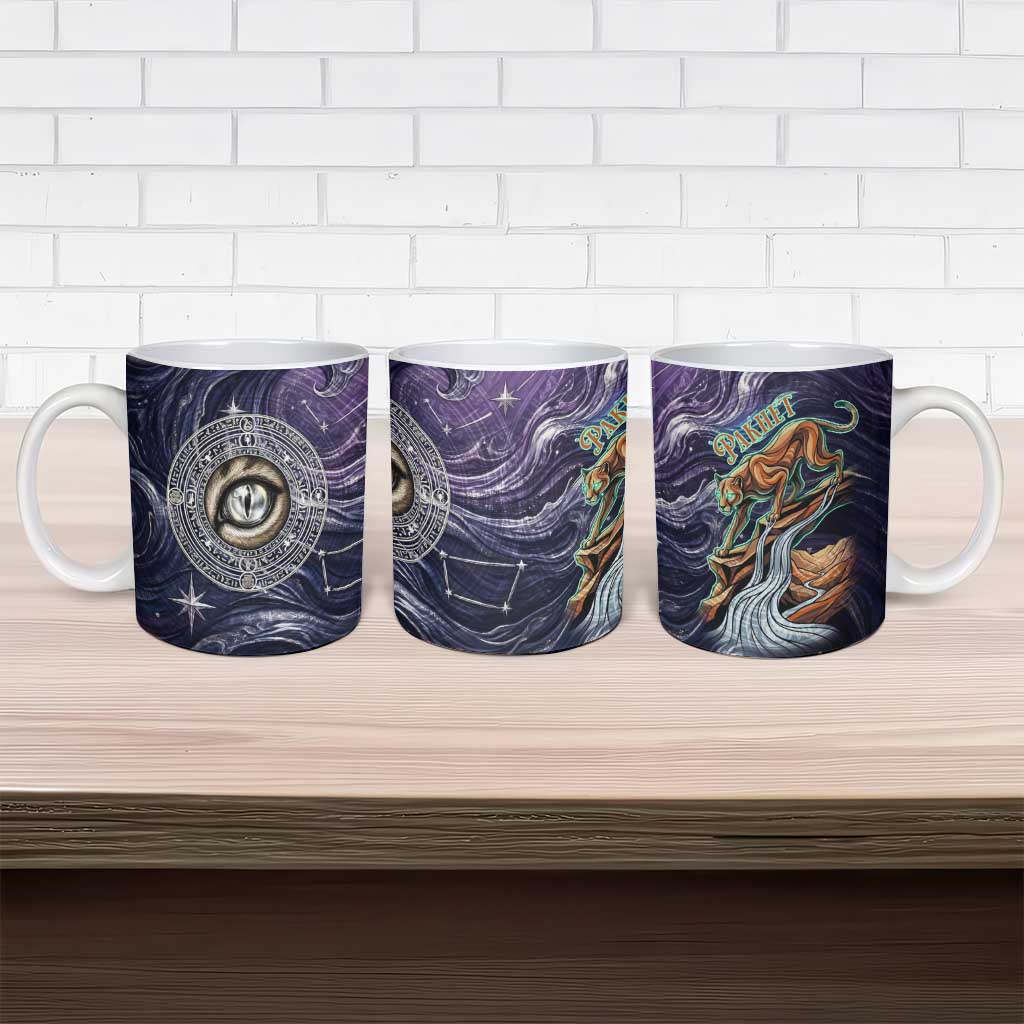 Pakhet Panther Ceramic Mug with Cosmic Feline Eye on Starry Night River