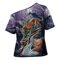 Pakhet Panther Cross Shoulder Shirt with Cosmic Feline Eye on Starry Night River