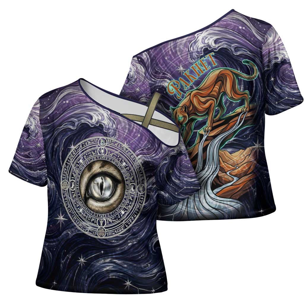 Pakhet Panther Cross Shoulder Shirt with Cosmic Feline Eye on Starry Night River