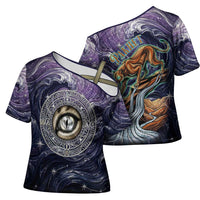 Pakhet Panther Cross Shoulder Shirt with Cosmic Feline Eye on Starry Night River