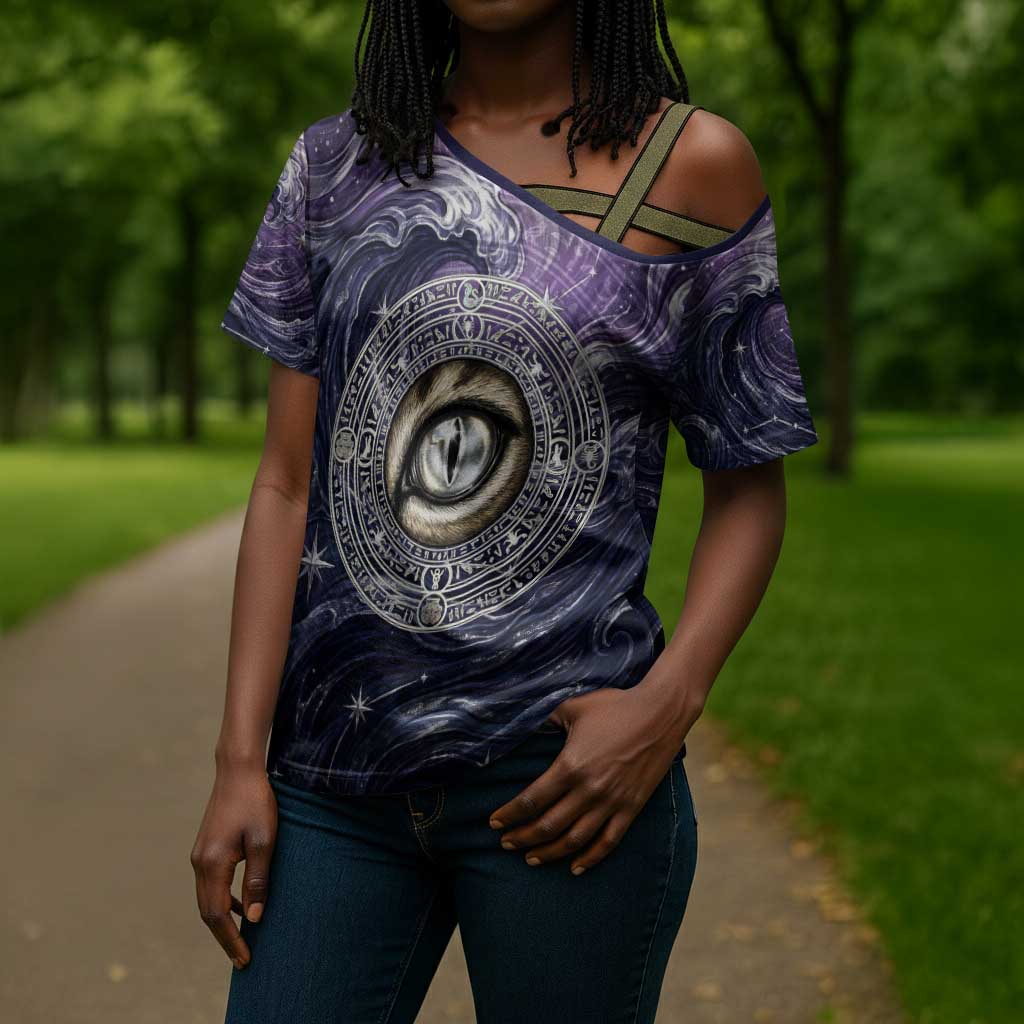 Pakhet Panther Cross Shoulder Shirt with Cosmic Feline Eye on Starry Night River