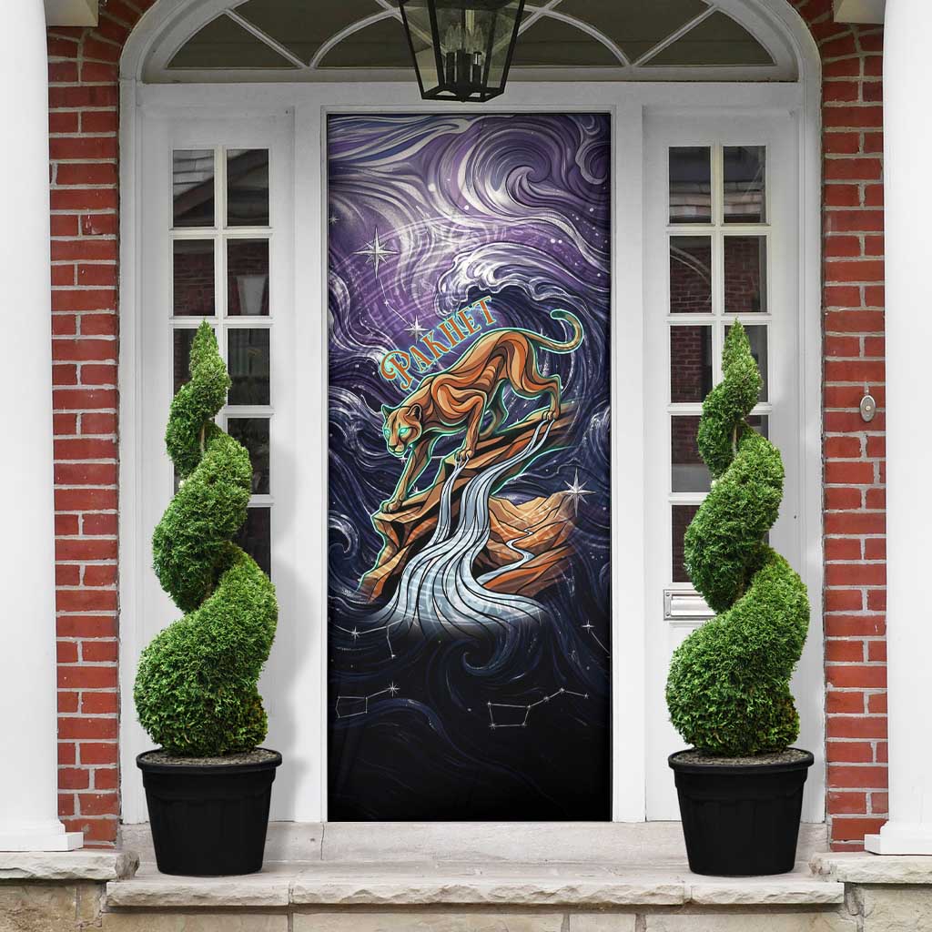 Pakhet Panther Door Cover with Cosmic Feline Eye on Starry Night River