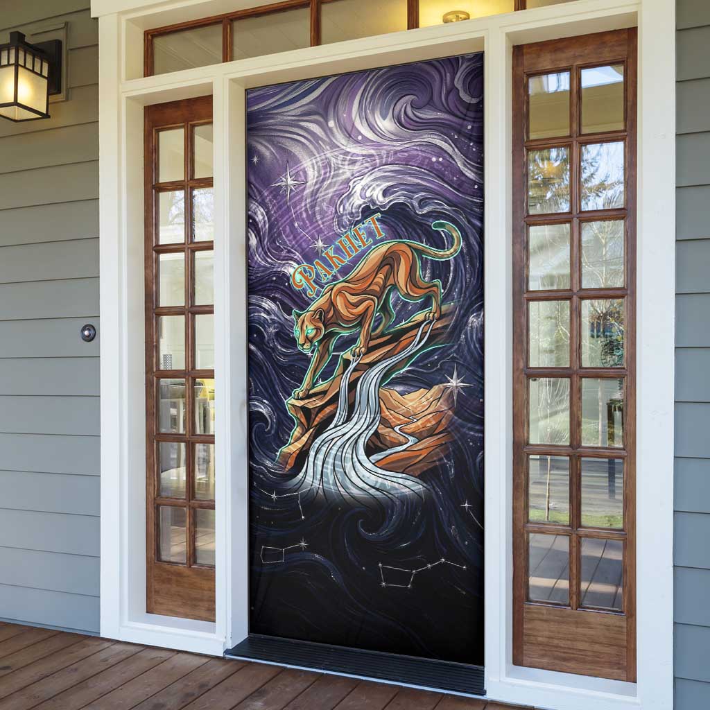 Pakhet Panther Door Cover with Cosmic Feline Eye on Starry Night River